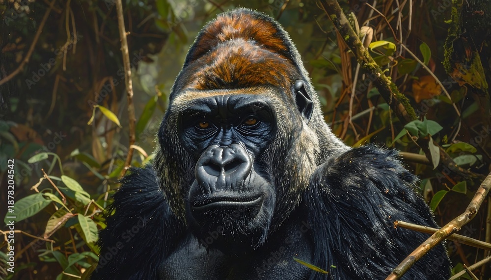 Obraz premium A majestic gorilla stares intensely forward from within a lush, green forest setting, showcasing striking fur detail