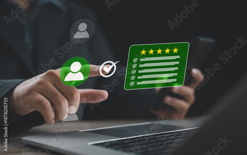 Obraz na plátně Business user selecting verified customer profile with five star rating and appr