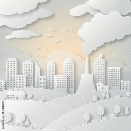 Stylized paper-cut city skyline with a mix of buildings and smokestacks under a cloudy sky.