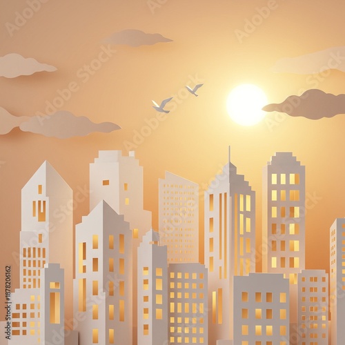 Paper city under a bright sun with silhouetted birds flying overhead in a peach-colored sky.