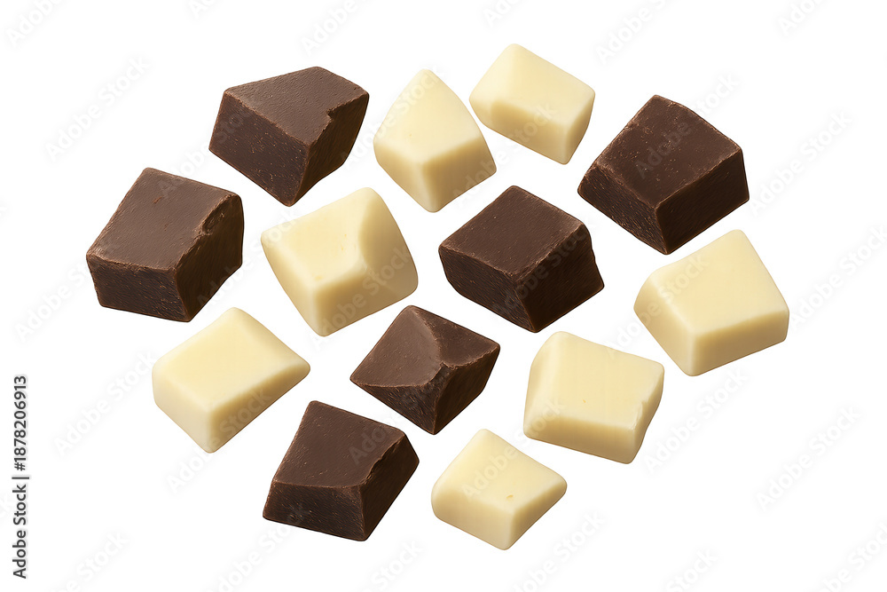 Fototapeta premium Two-tone dark and white chocolate pieces scattered on a transparent background, studio-lit and close-up