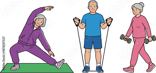 Vector illustration set of three active seniors engaging in physical exercises, featuring a woman performing side stretches on a mat, a man training with a resistance band, and a woman walking with du