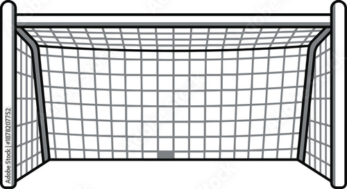 Vector illustration of a soccer goal post and net in black and white line art style, featuring a front view of the sports equipment.