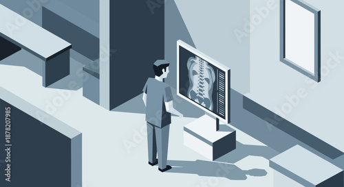 Medical Professional Examining Human X-ray Scan on Monitor, Healthcare Technology