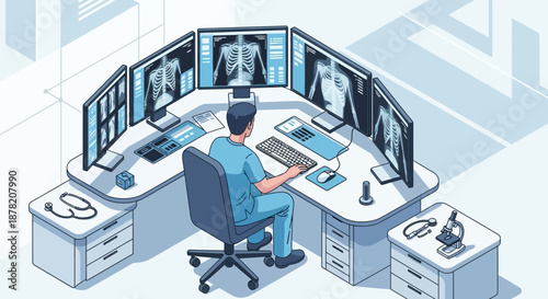 Medical professional analyzing digital X-rays on multiple screens, diagnostic center