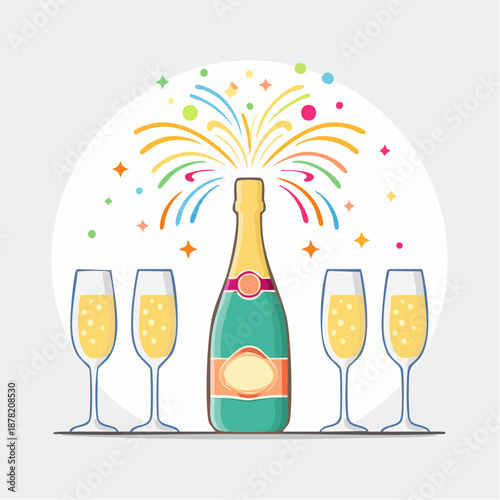 Vibrant Festive Celebration with Popping Champagne Bottle and Sparkling Flutes for Joyful Occasions and New Year Toast