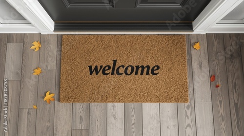 Welcome doormat on wooden floor with autumn leaves scattered around the entrance