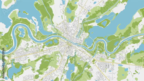 A map of a city with a winding river and green areas