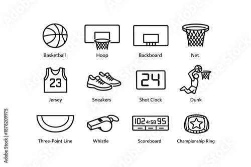 Basketball icon set: hoop, net, jersey, sneakers, shot clock, dunk, three-point line, whistle