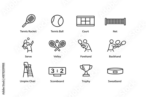 Tennis icons: racket, ball, court, net, and equipment set