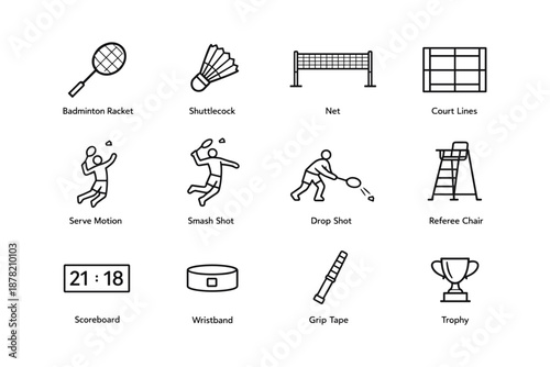 Essential badminton equipment and actions illustrated with icons
