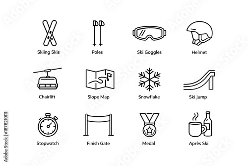 Skiing icons: skis, goggles, helmet, chairlift, map, snowflake, jump, timer, gate, medal, après-ski