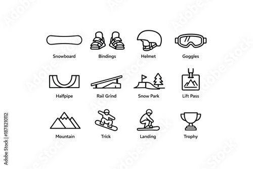 Snowboarding equipment symbols: snowboard, bindings, helmet, goggles, and more