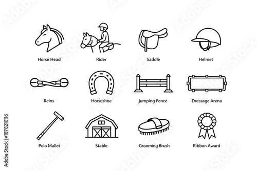 Equestrian icons: horsehead, rider, saddle, helmet, reins, horseshoe, jumping fence, arena, mallet, stable, brush, ribbon