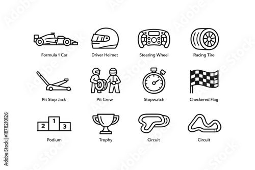 Formula 1 racing icons: car, helmet, steering wheel, tire, pit crew, stopwatch, flag