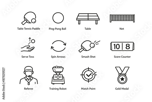Table tennis equipment icons: paddle, ball, net, referee, gold medal, score counter