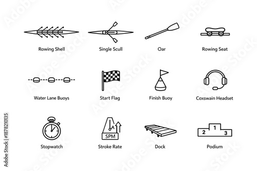 Rowing equipment icons: shell, scull, oar, buoys, stopwatch, podium, more