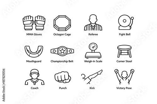 Mma icon set with gloves, cage, referee, and equipment illustrations
