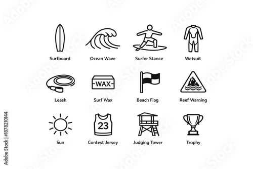 Surfing icons set featuring surfboard, wetsuit, beach flag, and trophy