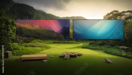 Serene Landscape with Abstract Art Displays and Natural Elements.