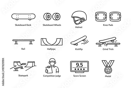Skateboarding equipment and components with judge and score elements