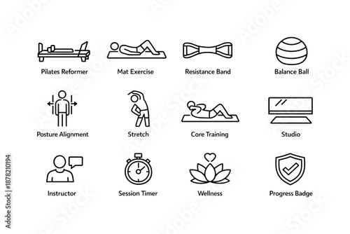 Pilates and fitness icon set with exercises and equipment illustrations
