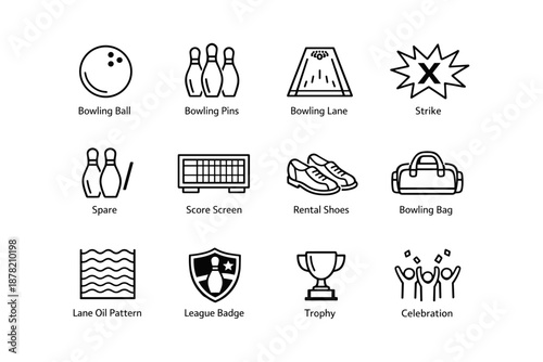 Bowling icons: ball, pins, lane, strike, spare, score, shoes, bag, badge, trophy, celebration