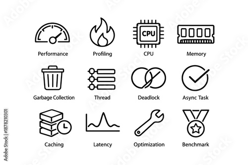 Software development icons: performance, cpu, memory, optimization, caching, thread