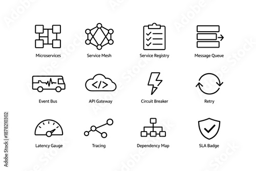 Microservices architecture symbols: diagram of components and connections