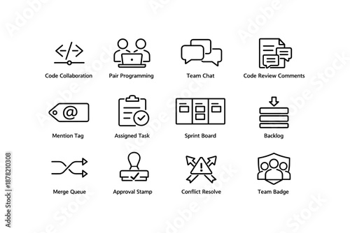 Icons representing code collaboration, pair programming, and teamwork in agile development