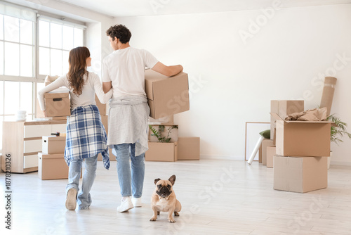 Billede på lærred Young couple with cardboard boxes and French bulldog in rented apartment on movi