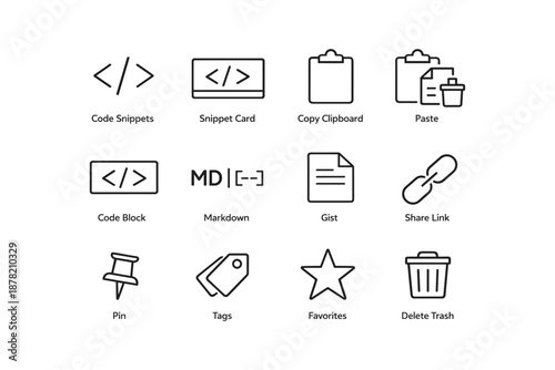 Collection of programming and file management icons in simple black line art