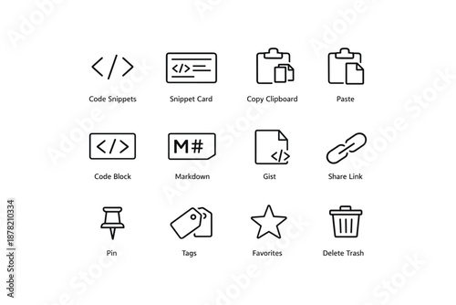 Coding icons set: snippets, clipboard, code block, markdown, link sharing