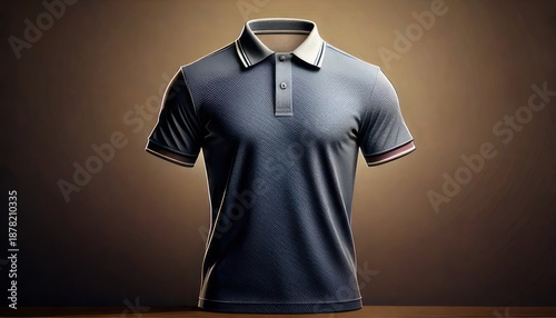 Stylish Dark Blue Polo Shirt with Striped Sleeves on Brown Backdrop.