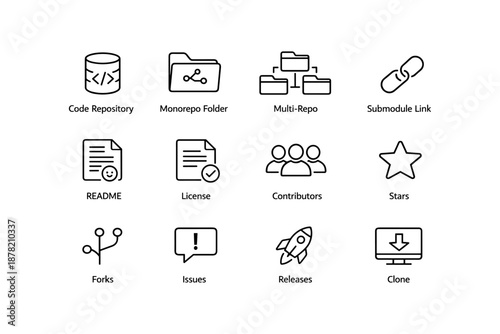 Software development icons: repos, readme, stars, forks, cloning, more