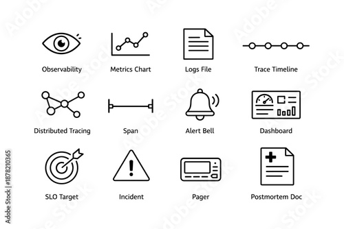 Observability dashboard icons: metrics, alerts, timeline, logs, tracing for it systems