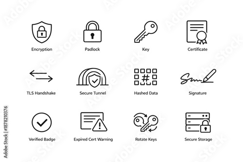 Cybersecurity icons collection: encryption, padlock, key, certificate, secure tunnel