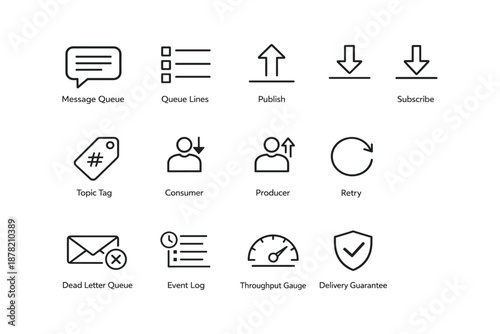 Message queue icons set for digital communication and data management