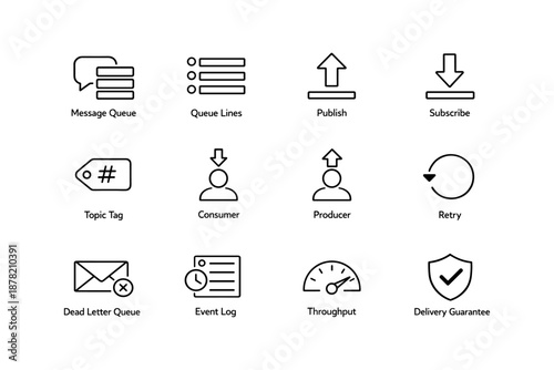 Icons representing message queue, publish, subscribe, and more for data management