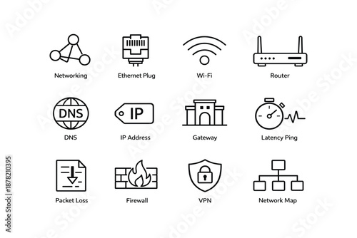 Networking icons set: ethernet, wi-fi, router, dns, firewall, vpn, ip address