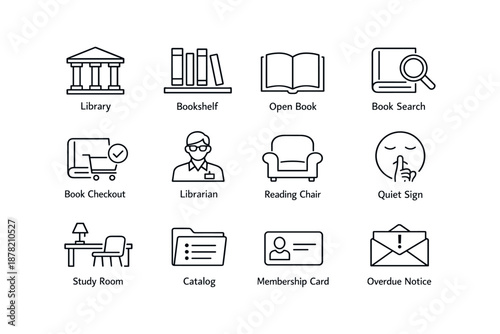 Library icons: bookshelf, open book, checkout, librarian, reading chair, study room