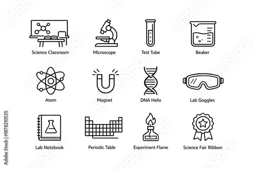 Science icons set: classroom, laboratory, experiment tools, and symbols