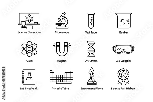 Science icons: classroom, microscope, dna helix, lab equipment, periodic table