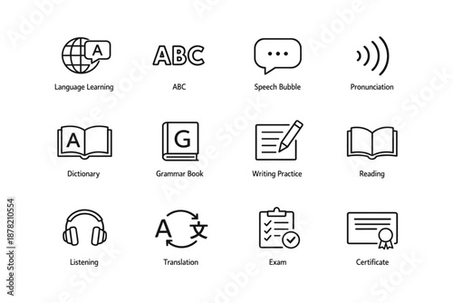 Language learning icons set: dictionary, grammar, listening, translation, exam