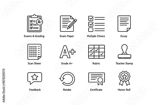 Education icon set featuring exams and grading with certificate and honor roll symbols
