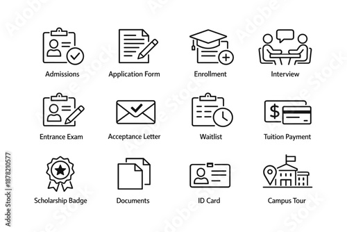 Admissions process icons: application, enrollment, interview, acceptance, tuition