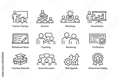 Educational icons: training, seminar, workshop, certification, achievement badge