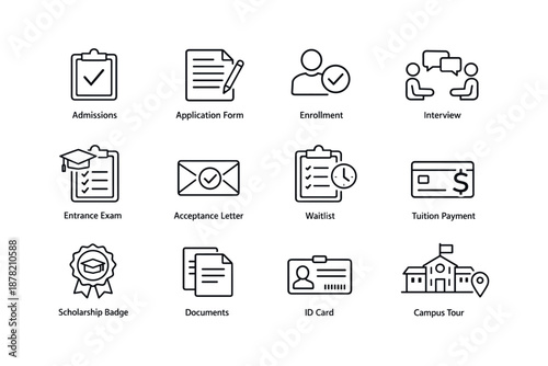 University admissions process icons: enrollment, interview, exam, documents, id