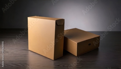 Two brown cardboard boxes on a dark wooden surface.