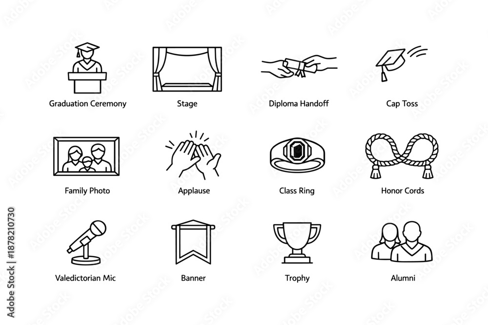 Fototapeta premium Graduation ceremony icons: cap toss, diploma handoff, alumni, trophy, stage